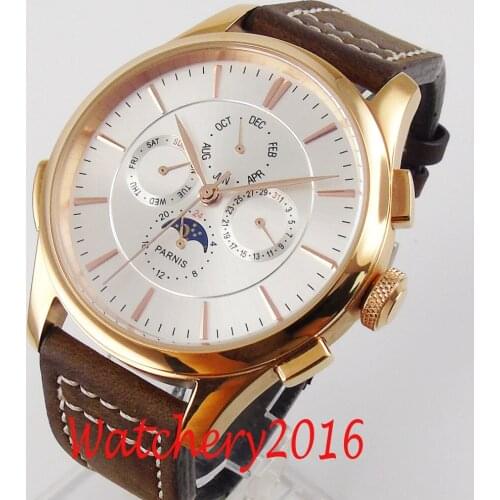 PARNIS Men Watch Causal Rose Gold Coated White Dial Automatic Case Month Year Date Sub Dial Leather Bans Solid Backcover