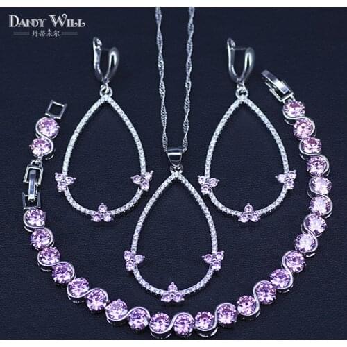 Silver color Pink Flower Big Pear White Crystal Cubic Zirconia Jewelry Sets Wedding Engagement Jewelry Bracelets Sets