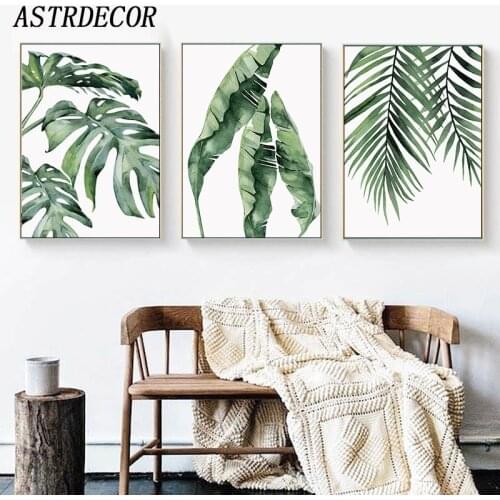 ASTRDECOR Watercolor Leaves Wall Art Canvas Painting Green Plant Nordic Style Posters and Prints Decorative Picture Home Decor
