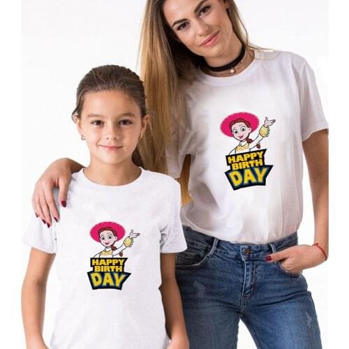 Mom and Child Clothes Cartoon Print Happy Birthday Toy Story Cowgirl Jessie T-shirt Aesthetic Art Adult Top Twin Sister Tshirt