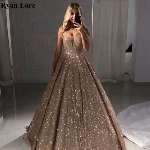 Robe De Soiree 2020 Sexy V Neck Sequins Evening Dresses Champagne Party Night Prom Dress Women A-Line jurken Elegant Vestidos