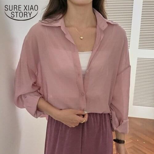 Simple Loose Sun-Proof Clothing Shirt Female 2021 Summer New Korean Style All-match Thin Long-Sleeve Blouse Summer Tops 10006