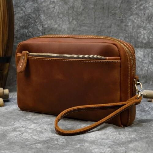 Luxury Retro Crazy Horse Leather Hand Bag Men Natural Skin Clutch Business Bags High Quality Phone Bag Shoulder Messenger Bags