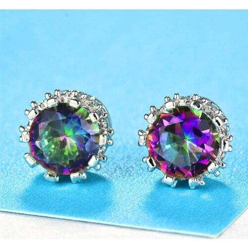 8MM Female Rainbow Austrian Crystal Crown Stud Earrings For Women 925 Silver Filled Round Purple Blue Zircon Wedding Earrings CZ