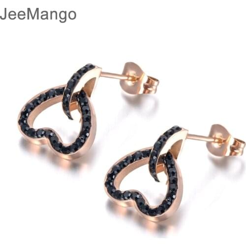 JeeMango Trendy Stainless Steel Mosaic CZ Crystal Heart Wedding Earrings For Women Rose Gold Ear Jewelry Engagement Gift E19071
