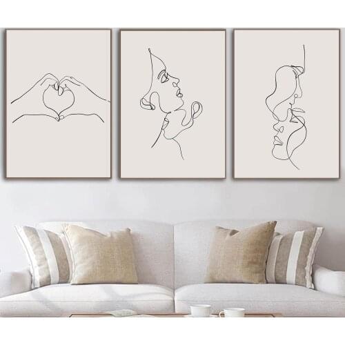Nordic Poster Black And White Couple One Line Canvas Prints Scandinavian Wall Pictures For Living Room Abstract Minimalist Decor