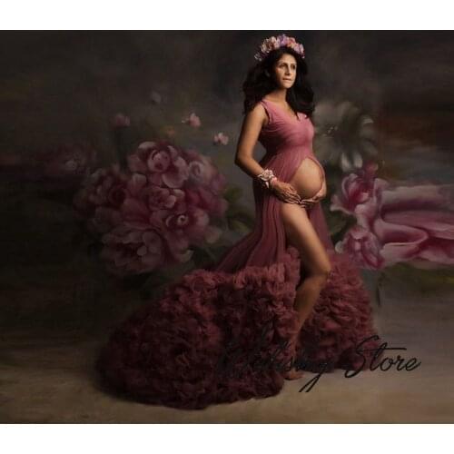 Sexy Bridal Ruffled Puffy Tulle Dresses 2020 Women Maternity V-Neck High Slit Prom Gown Photo Shoot Long Evening Formal Dress