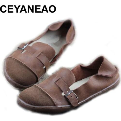CEYANEAO Shoes Woman Genuine Leather Ladies Flat Shoes Round toe Slip on Ballerina Shoes Barefoot Sole Women Flats (K09)