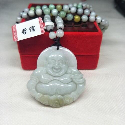 Zheru Jewelry Pure Natural Jadeite Double Color Laughing Buddha Pendant Three-color Jadeite Bead Necklace A Class A National Cer