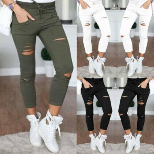 2021 Women Army Green Leggings Hole Pencil Stretch Casual Denim Skinny Ripped Pants Fashion Lady High Waist Broken Hole Trousers