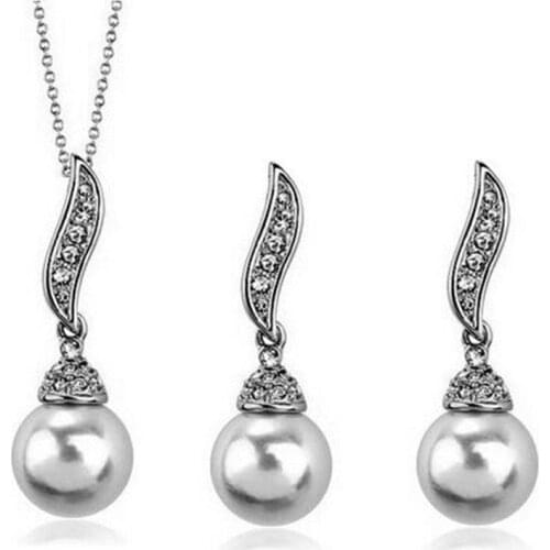 Bridal Women Necklace Faux Pearl Rhinestone Charms Wedding Earrings Jewelry Set dia de la madre