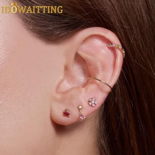100% 925 Sterling Silver Gold Plated Vermeil Jewelry Minimal Delicate Multi Piercing Small Cute Pink Ruby Cz Stud Earring