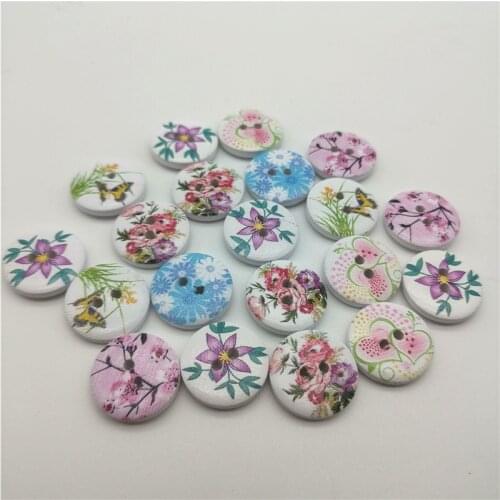 100pcs 18mm Floral Flowers Mix Wooden Round 2 Holes Buttons For Children Clothes Decorative Accessories Scrapbooking