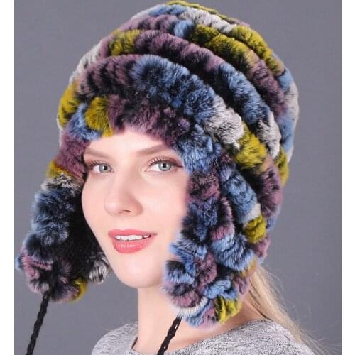 2020 Handmade Knitted Rex Rabbit Fur Beanies Hats Winter Warm Women Real Rex Rabbit Fur Hat 100% Real Natural Rex Rabbit Fur Cap