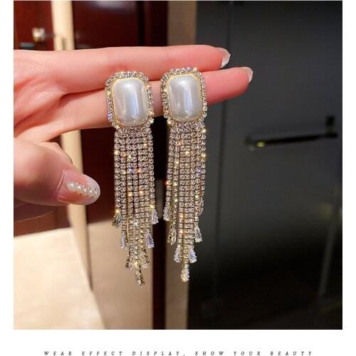 2021 New Peal Rhinestone Long Tassel Earrings Korean Geometry temperament exaggerated Womens Earrings Jewelry ear accessories