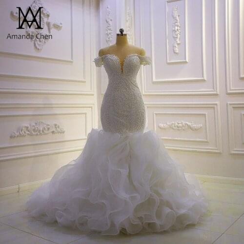 Africa Off Shoulder Lace Appliqued Tiered Ruffled Fishtail Wedding Dress