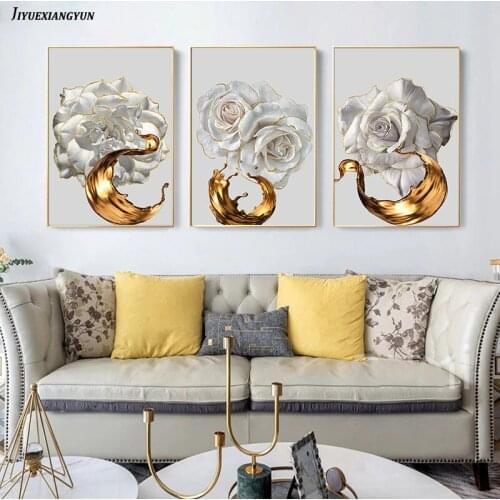 White Rose Gold Edge Flower Gold Ink Splash Abstract Poster Nordic Art Plant Canvas Painting Modern Wall Picture for Home Decor