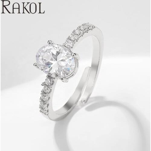 RAKOL Dazzling Brilliant CZ Stone Four Prong Setting Oval Finger Ring Classic Wedding Anniversary Gift for Wife & Girlfriend