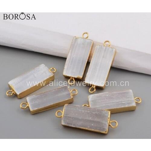 BOROSA 8pcs Gold Color Rectangle Shape Transparent Selenite Stone Connector for Pendant Necklace G1764