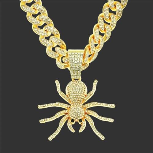 Full Cubic Zircon Big Spider Pendant Necklace Hip Hop Jewelry With Ice Out Rhinestone Miami Cuban Link Chain For Men