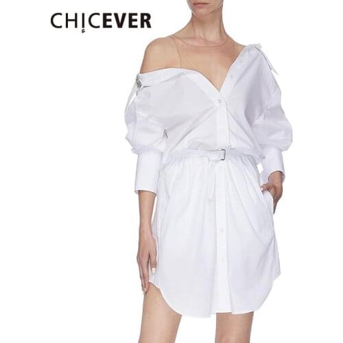 CHICEVER Casual Dress For Women Slash Neck Long Sleeve High Waist Lace Up Patchwork Diamonds Mini Dresses Female 2020 Clothing