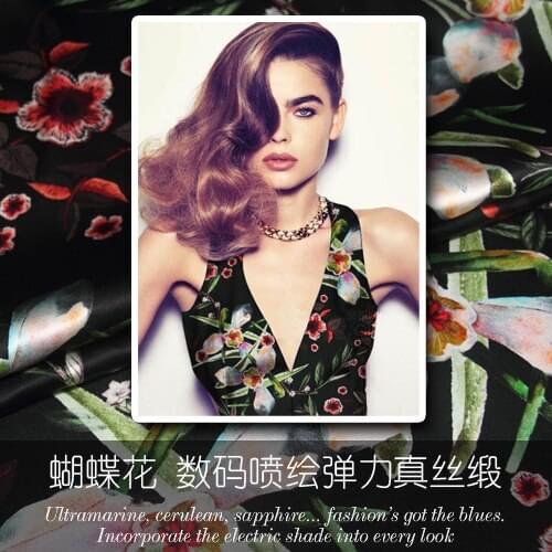 Digital inkjet stretch silk satin fabric pansy shirt dress silk fabric satin natural silk fabric material wholesale silk cloth