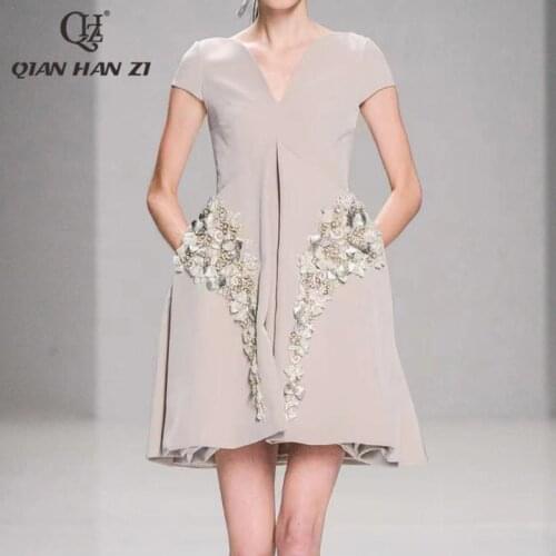 Qian Han Zi designer high-end custom fashion womens dress V-neck Elegant beaded flower applique party dress