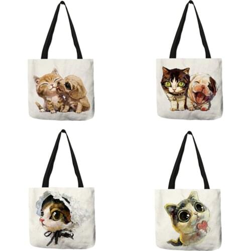 Eco Linen Reusable Shopping Bag With Cat Dog Print Women fashion Casual Handbags Student Travel School Bags