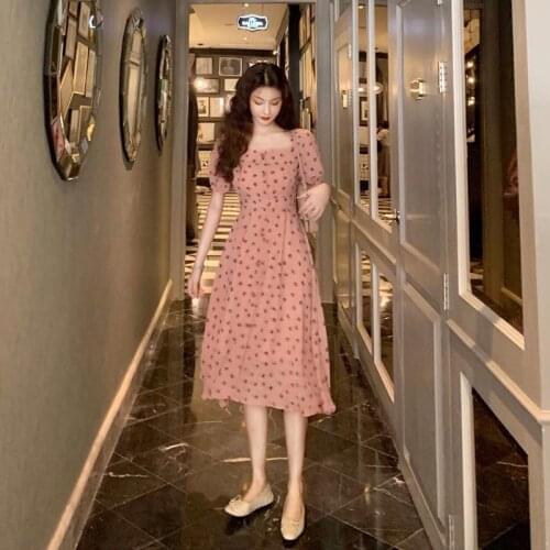 French Romance Retro Dresses Women Casual Floral Print Dot Square Collar Chiffon Dress Puff Short Sleeve Midi Dresses Lady 2020