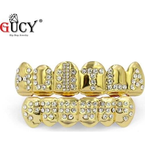 GUCY Gold Color Plated Iced Out Letter CZ Stone Hip Hop Teeth Mouth GRILLZ Caps Top & Bottom Grills Set Classic Tooth Jewelry