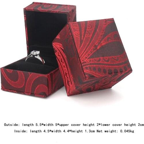 Wedding Ring Box Red Plastic Gold Silk Brocade Jewelry Pendant Earring Packaging Gift Built-in Black Velet Card Slot For Lover