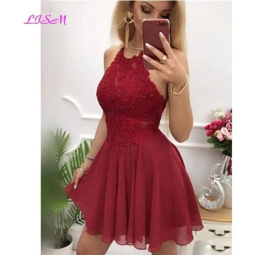 Burgundy Lace Beaded Straps Short Homecoming Dress Halter Neck Chiffon Skirt Backless Sexy Mini Cocktail Dress Prom Gowns