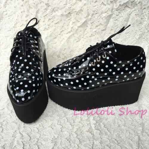 Princess sweet gothic lolita shoes Lolilloliyoyo antaina Japanese design thick bottom black flat shoes with white dots 1419s