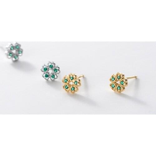 MIQIAO Flower Tiny Stud Earrings Green Diamond Zircon Flower 925 Sterling Silver Hypoallergenic Womens Jewelry Female Chic Gift
