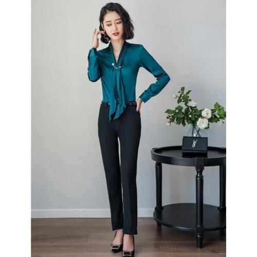 Fashion Ladies Green Blouses Women Business Suits with 2 Piece Pant and Top Sets Long Sleeve Pantsuits