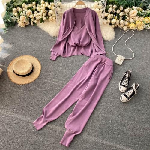 Fashion Knitted Sweater 3 Piece Set Womens Suit Knitted Jacket Cardigan+Chain Vest And High Waist Long Pants Casual Woman Sets