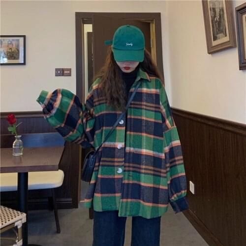 Autumn trend retro plaid loose woolen shirt jacket long-sleeved lapel fashion wild blouse