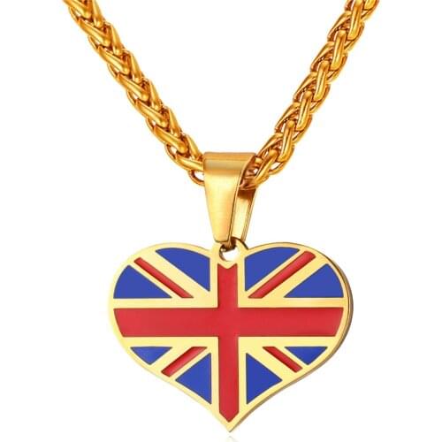Flag Of UK Necklaces & Pendants Yellow Gold Color Stainless Steel England Symbol With Heart Necklace Women Men Jewelry P028