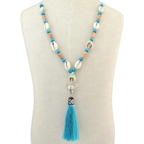 Handmade Blue Rope Bull Head Necklaces for Women Bohemain Shell Charms Cotton Fringed Tassel Necklace Gypsy Tribal Jewelry