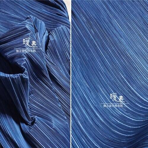 Pleated Fabric Dark Blue Miyake Folds Imitation Cotton Linen DIY Patches Art Painting Decor Clothes Skirt Dress Designer Fabric
