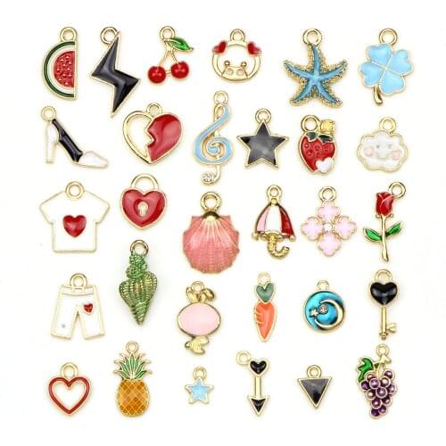 10pcs Mixed Style Shell Drop Oil Alloy Stars Plant Flower Pendant Copper Plated Fruit Charm Pendants DIY Jewelry Making