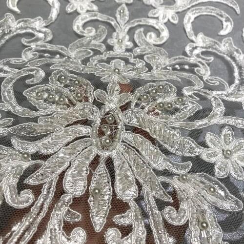 2021 Latest High Quality Pearl Beaded Embroidered French White Lace Wedding Fabric for Elegant Women Dress Sewing Trimmings Hot