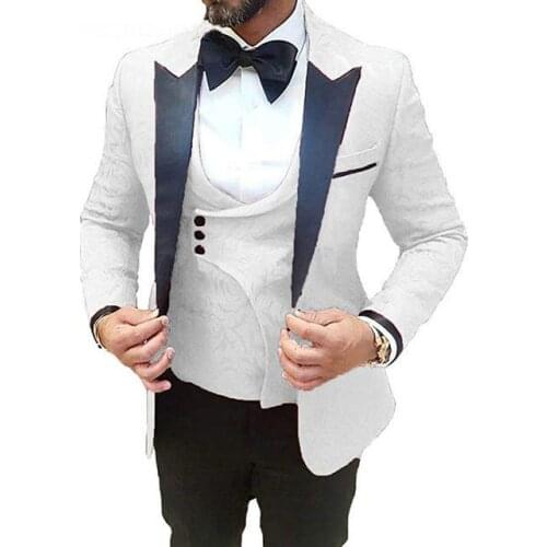 2021 Custom made luxury elegant white jacquard wedding suits men slim Groom fashion 3 piece unique design business party Blazer