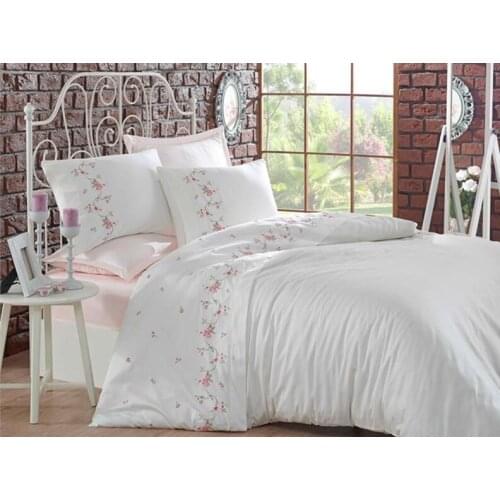 Ruching Rosa Embroideried Cotton Satin Duvet cover set Cream Powder