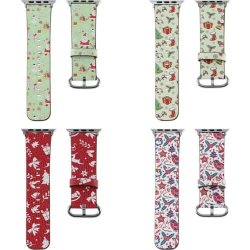 Chrsitmas Printing Genuine Leather Bracelet Replacement Sport Wrist Band For Apple Watch Band 38mm 40mm 42mm 44mm Leather Strap