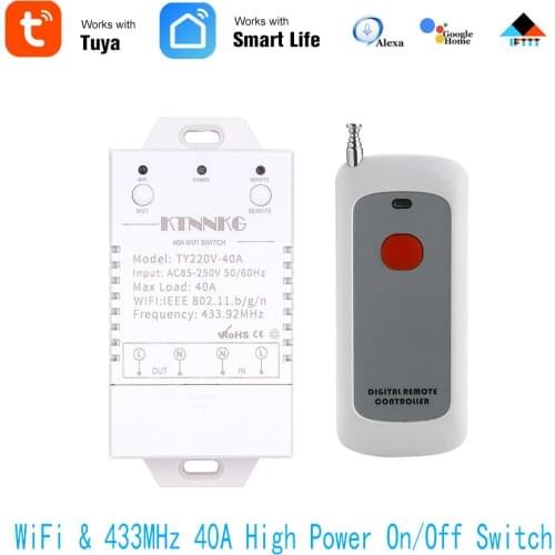 433Mhz 40A TUYA Smart Life APP WIFI 1Gang 4000watts AC90-250V latest version controls high power air conditioners, pumps, water