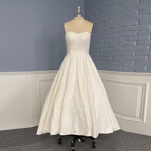 Jacquard Satin High Low Tea Length Short Wedding Dress In Stock Fast Shipping Lace-up Back Bridal Gowns