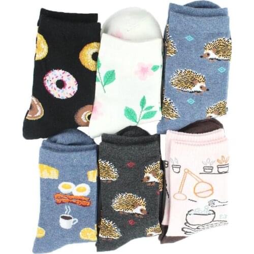 Japan Harajuku donut coffee Hedgehog Animals Women Socks Kawaii Cute Women Cartoon Funny Socks EU35-42