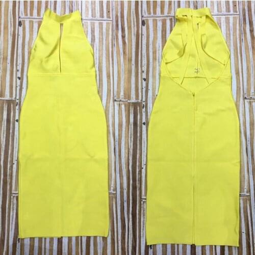 Elegant High Neck Sexy Sleeveless Backless Wholesale Women Celebrity Party Midi Bandage Slip Dress Yellow