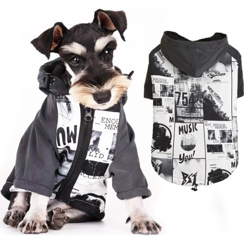 Winter Dog Coat Windproof Newspaper Pattern Vintage Warm Dog Clothes Fleece Lining Zip-Up Pet Dog Jacket for Small Medium Dogs